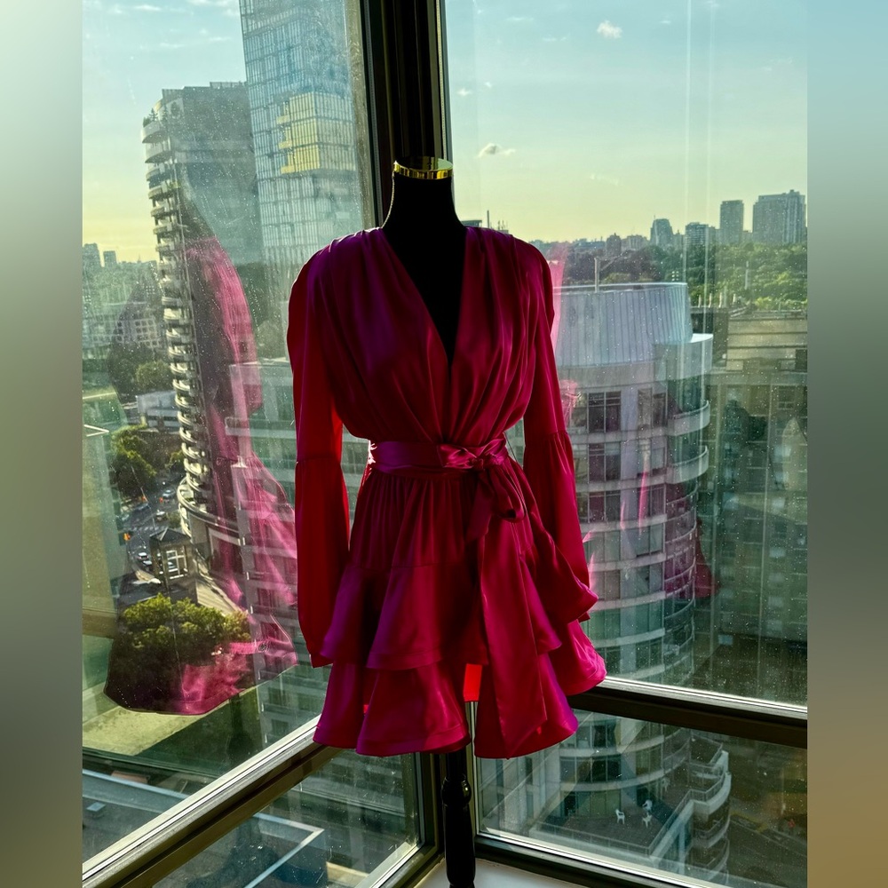 🆕 BRONX & BANCO 🧿 NWOT Bedouin V-Neck Ruffle Mini Dress, Pink Silk - Size L - Picture 3 of 15